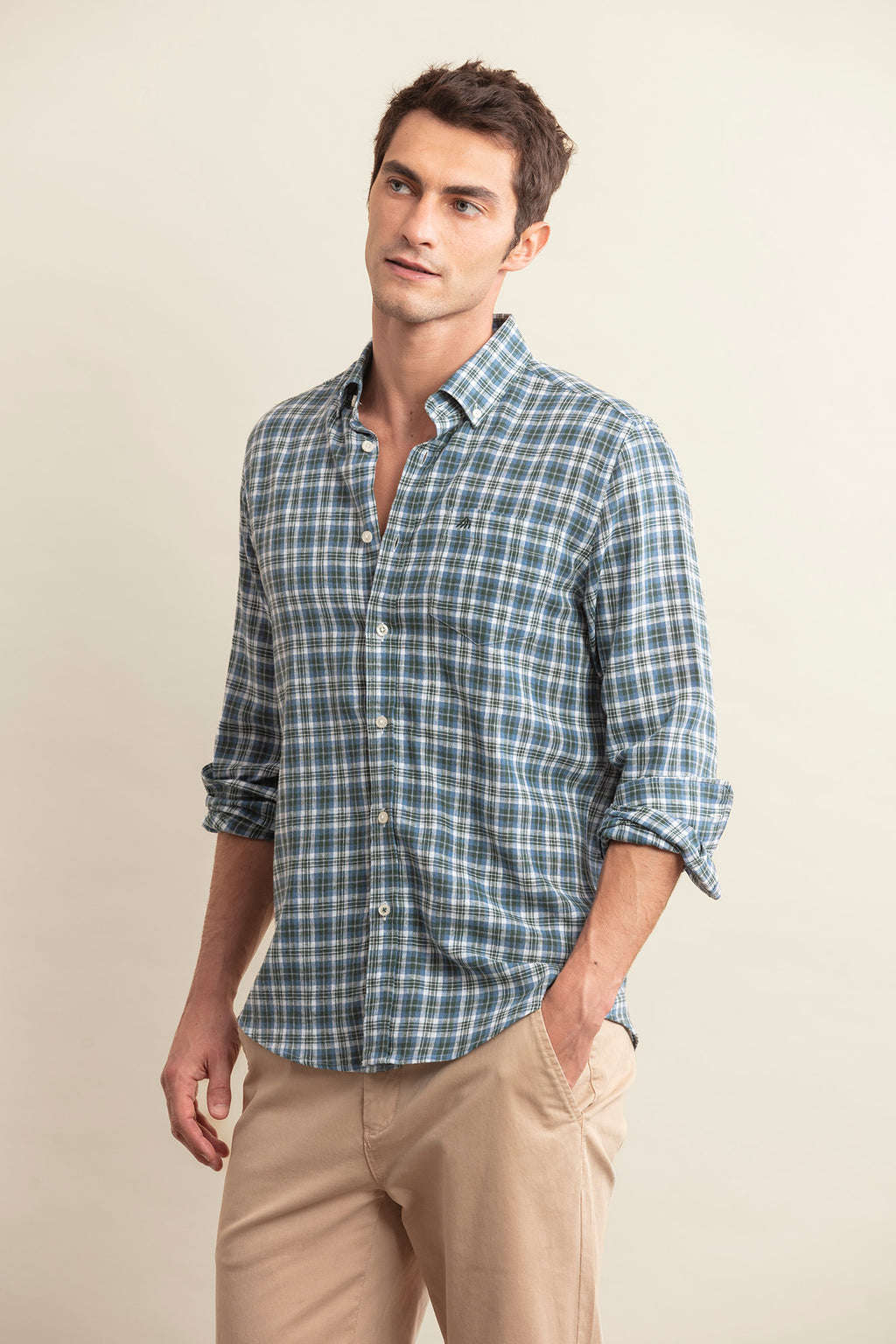 CAMISA DE ALGODÓN Y LINO A CUADROS