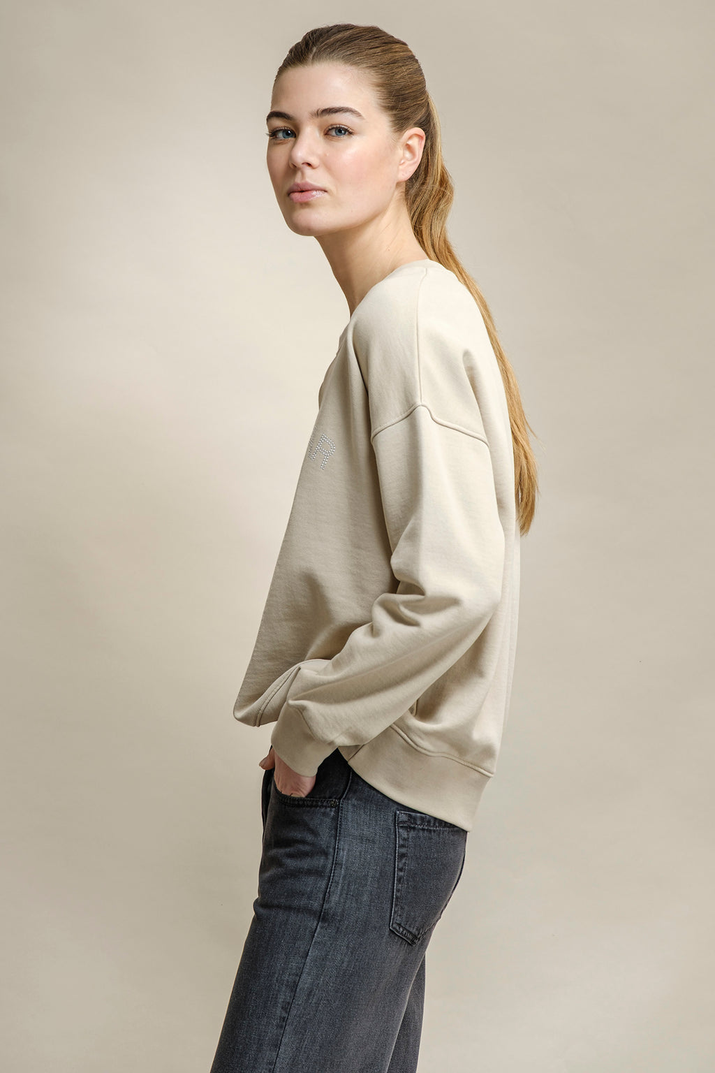 SWEATSHIRT DECOTE REDONDO COM APLICAÇÃO
