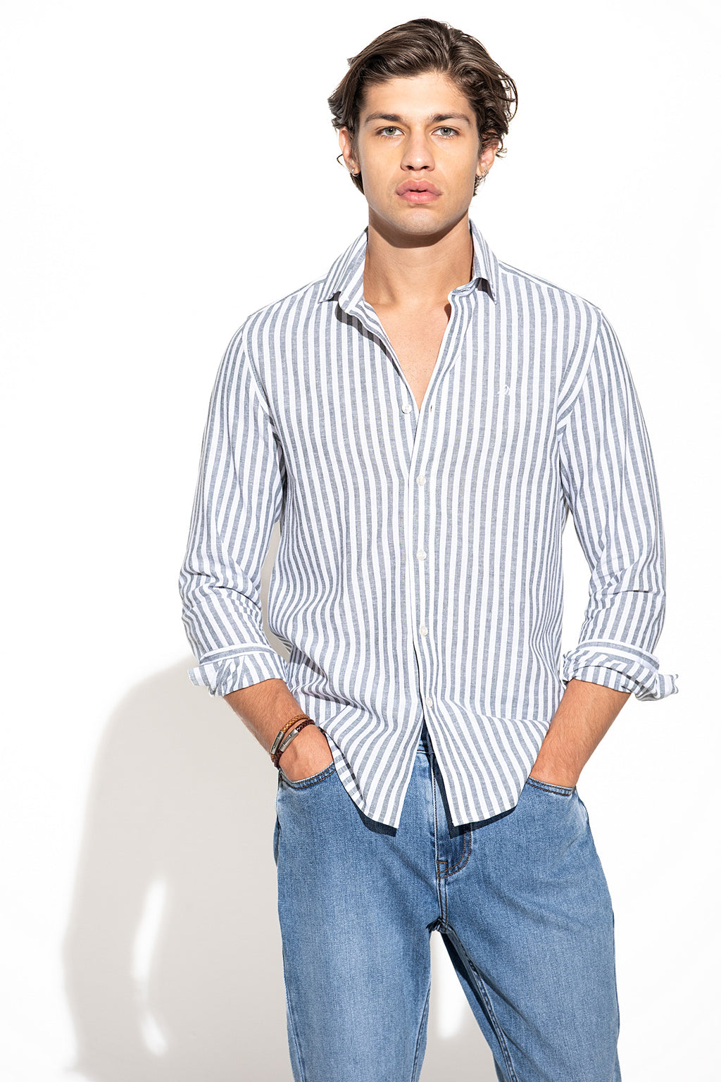 CAMISA ÀS RISCAS ALGODÃO E LINHO