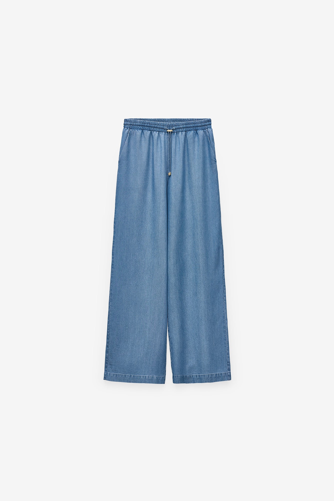 CALÇAS EM CHAMBRAY COM ELÁSTICO NA CINTURA
